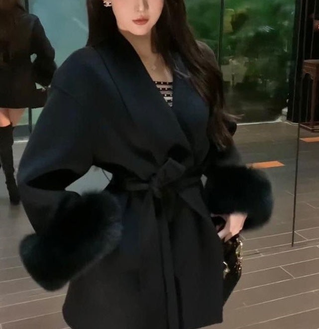 【outer】長袖厚手ウエストリボンコートF8358