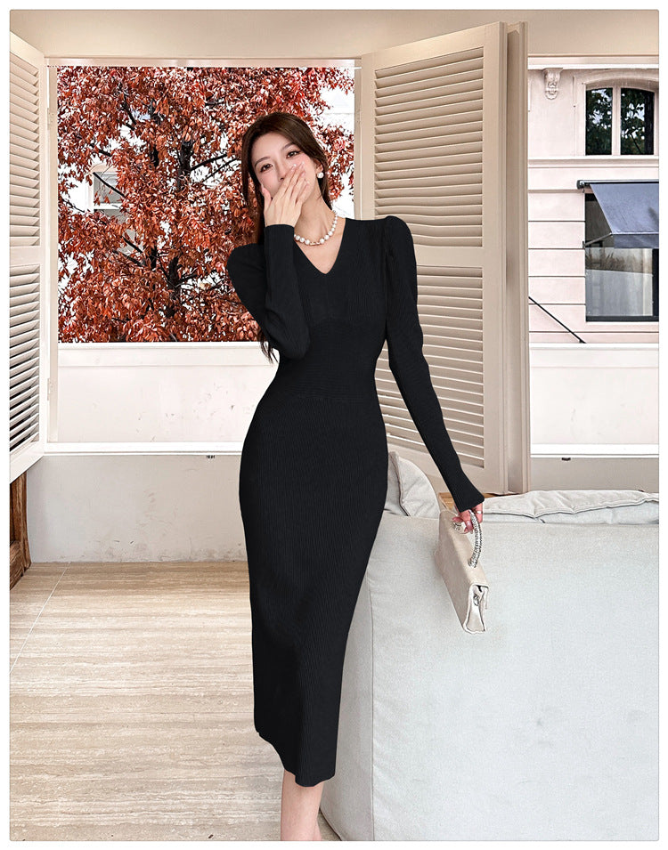 【dress】Vネック長袖ニットワンピースG23290