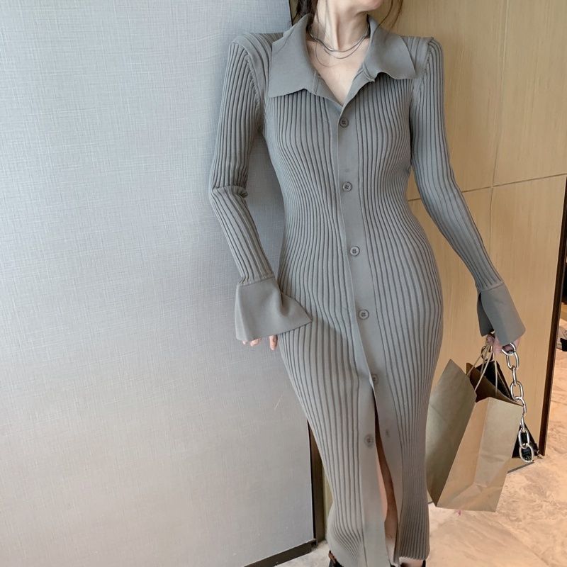 【dress】POLOネック長袖ニットワンピースF8392