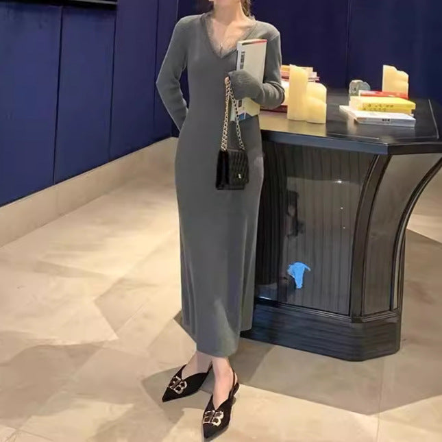【dress】レースVネックニットワンピースG24194
