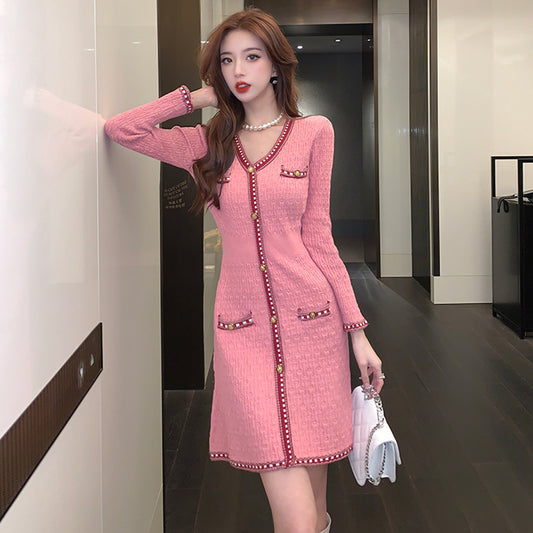 【dress】Vネック長袖ニットワンピースG23084