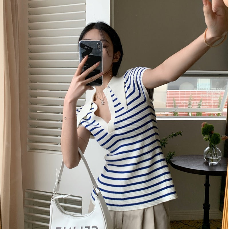 【tops】ストライプ柄ニットTシャツG22058