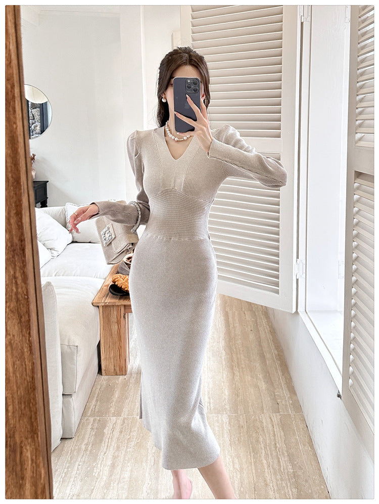 【dress】Vネック長袖ニットワンピースG23290