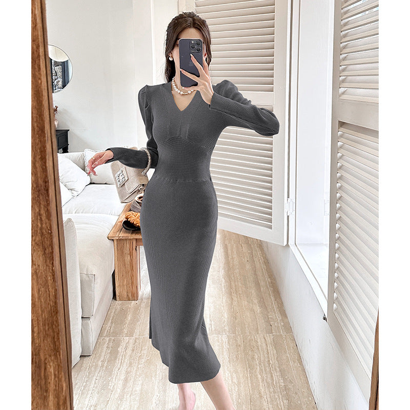 【dress】Vネック長袖ニットワンピースG23290