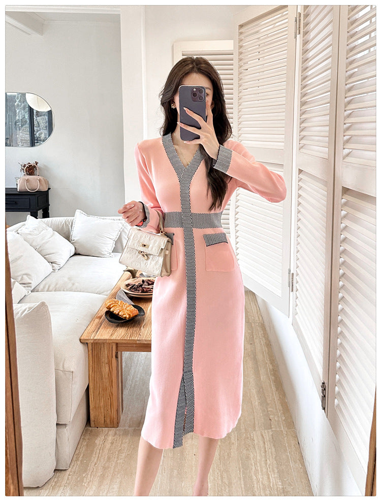 【dress】Vネック長袖ニットワンピースG23292