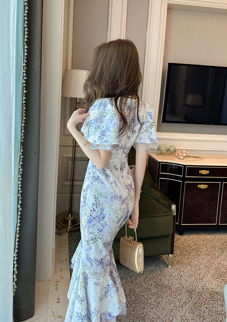 【dress】パフスリーブプリントマーメイドデートワンピースG21682