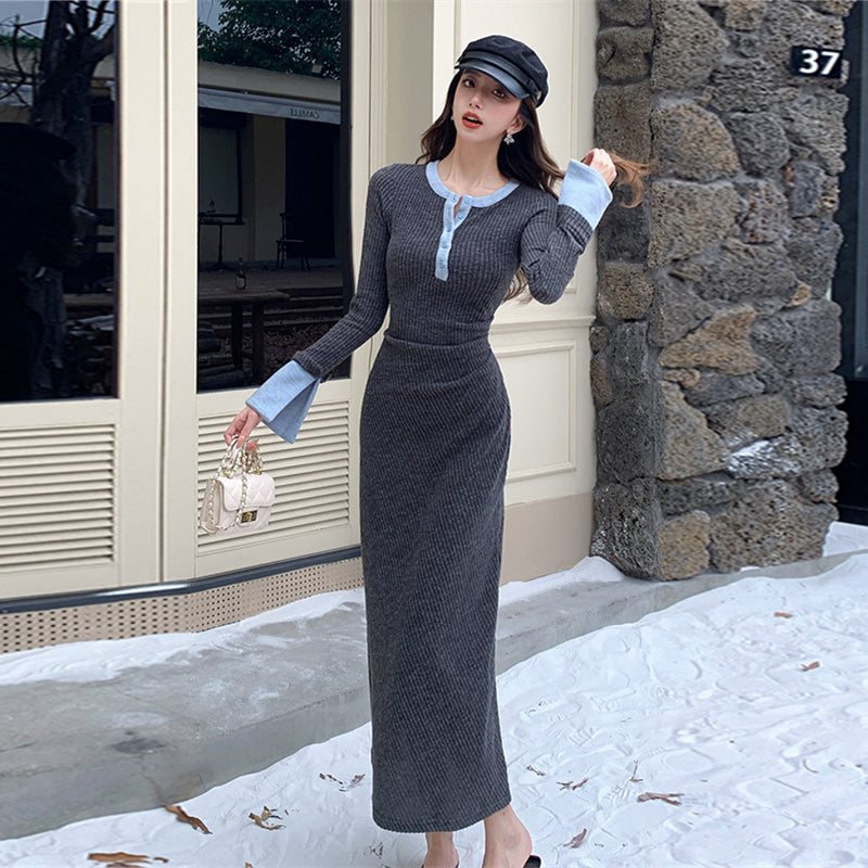 【dress】秋冬長袖タイトニットワンピースG24541