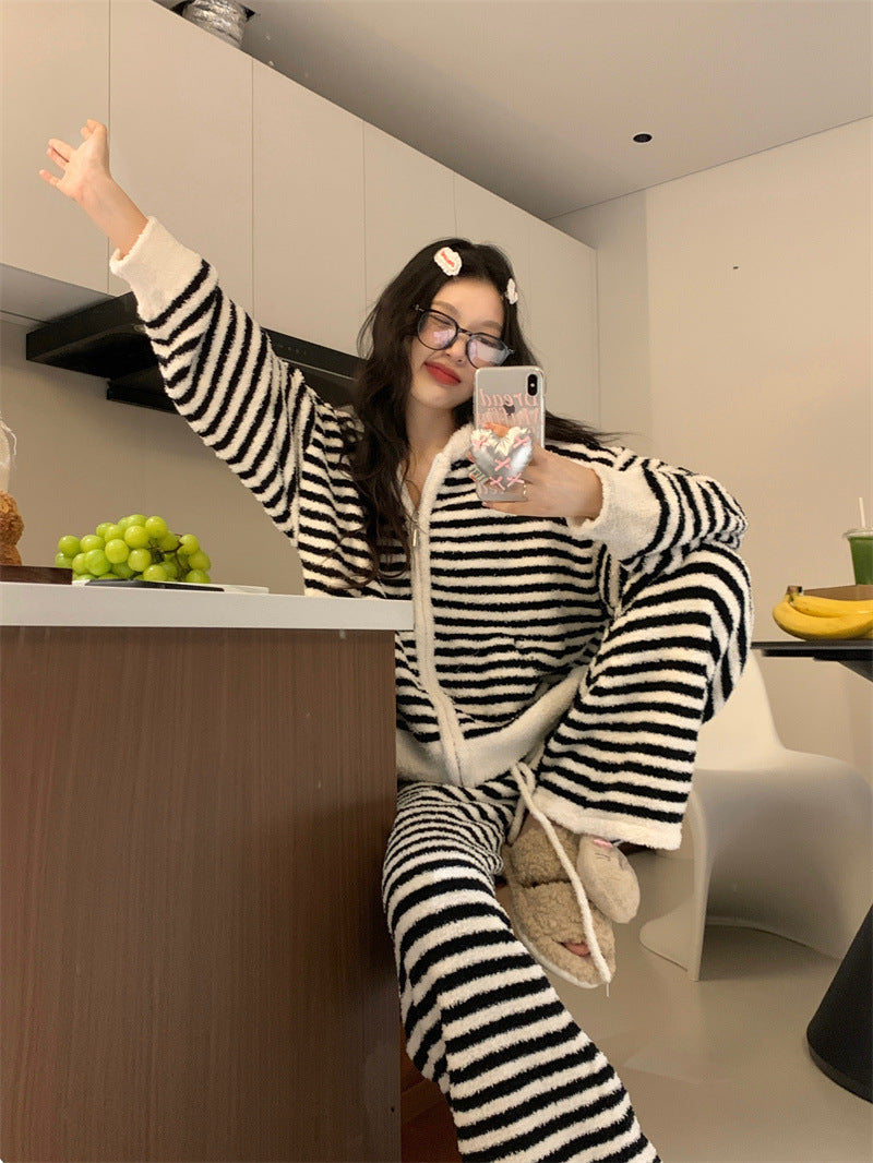 【ホーム・生活】秋冬厚手裏起毛ストライプ柄上下セットルームウェアパジャマG24581