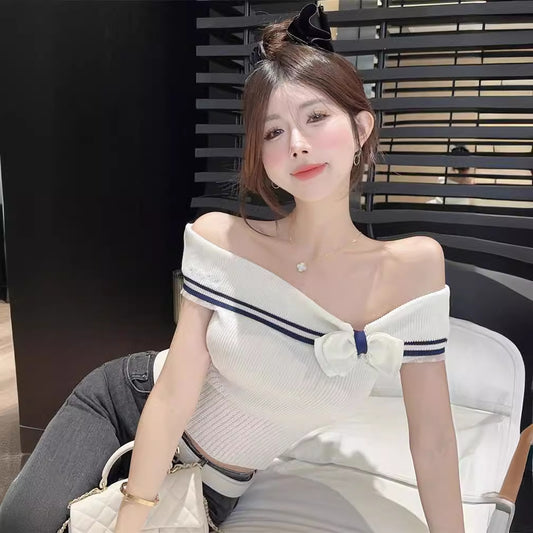 【tops】オフショルダーリボンニットトップスG22055