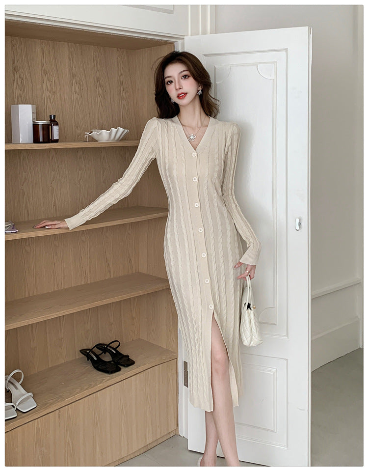 【dress】フランス風VネックニットワンピースG22956