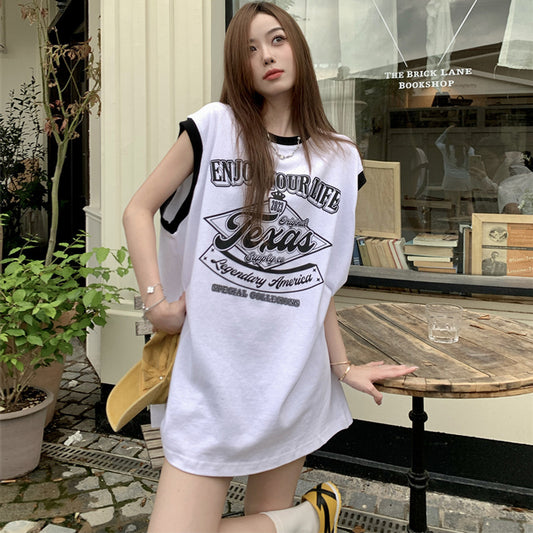 【tops】ラウンドネックノースリーブ英字柄TシャツF7879