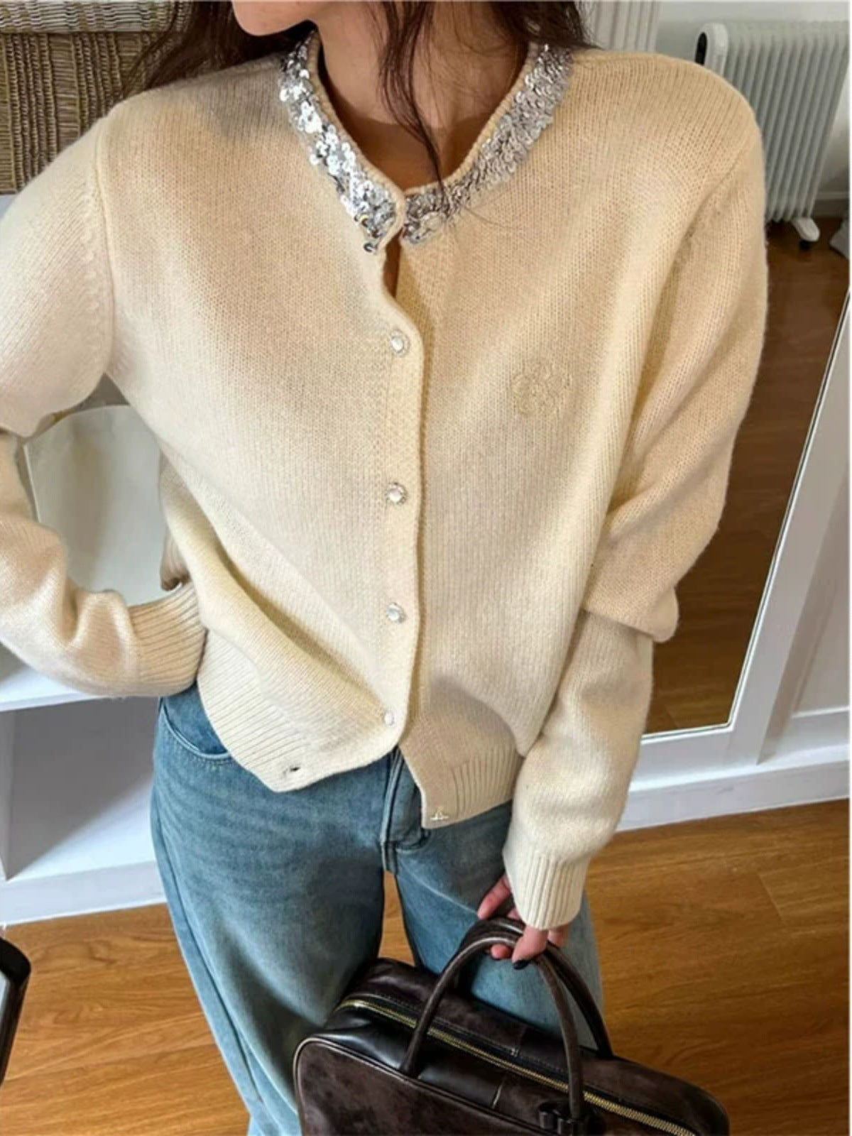 【outer】ラウンドネック長袖ニットカーディガンF8251