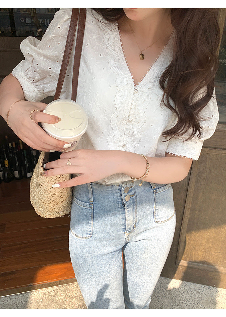 【tops】VネックレースパフスリーブブラウスG21932