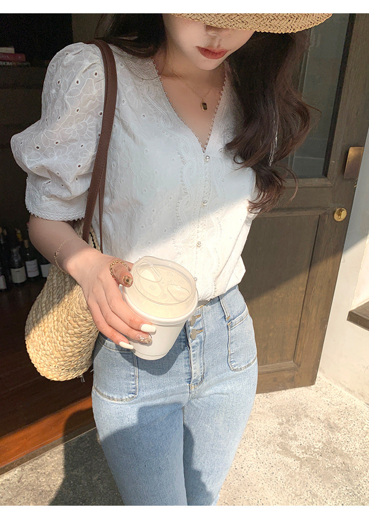 【tops】VネックレースパフスリーブブラウスG21932