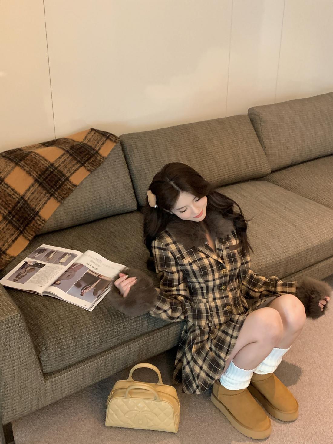 【set】ファーコート+キュロットスカート２点セットF8282