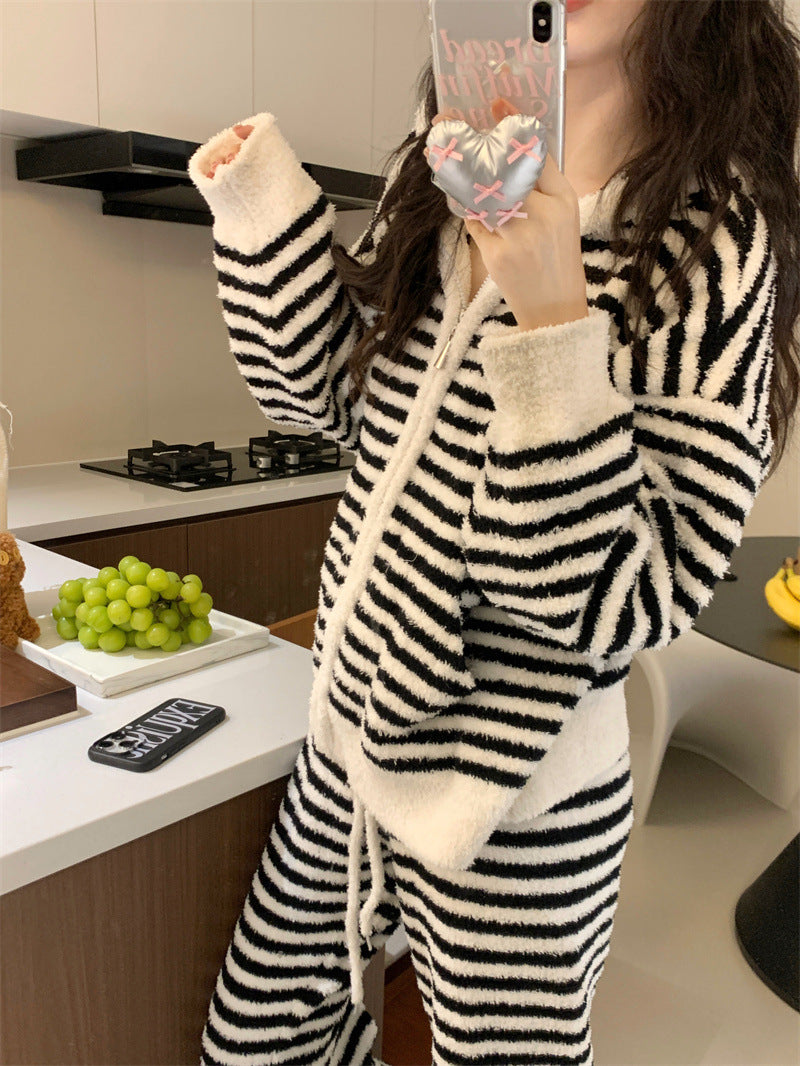 【ホーム・生活】秋冬厚手裏起毛ストライプ柄上下セットルームウェアパジャマG24581