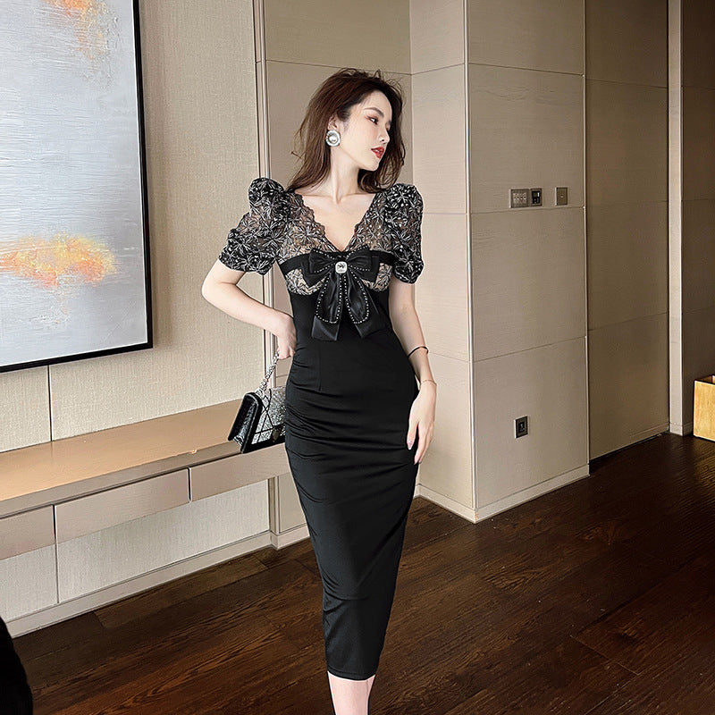 【dress】リボンレース切り替えタイトワンピースG21683