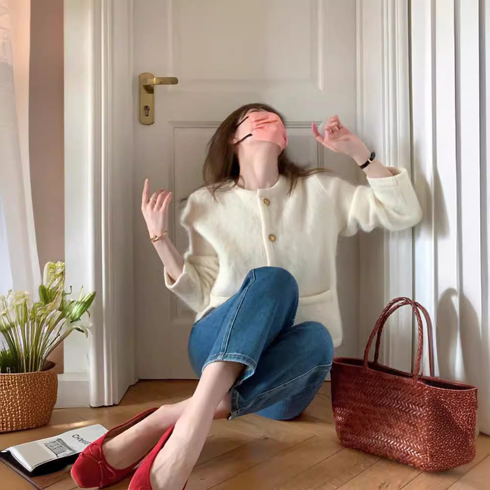 【outer】ラウンドネック長袖ニットカーディガンF8352