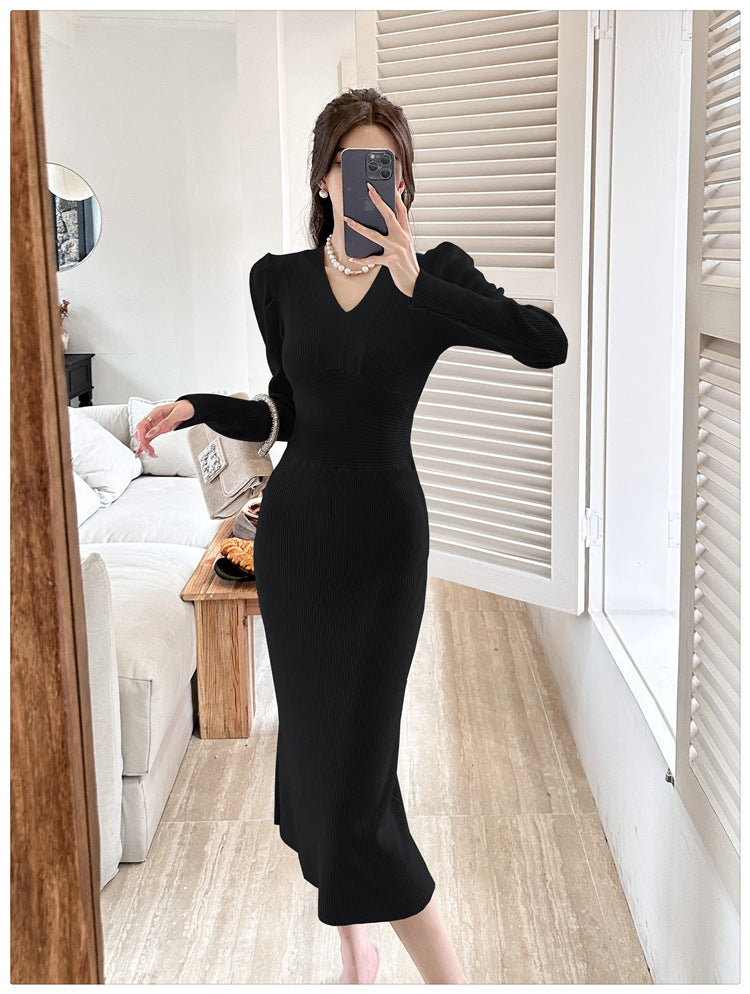 【dress】Vネック長袖ニットワンピースG23290