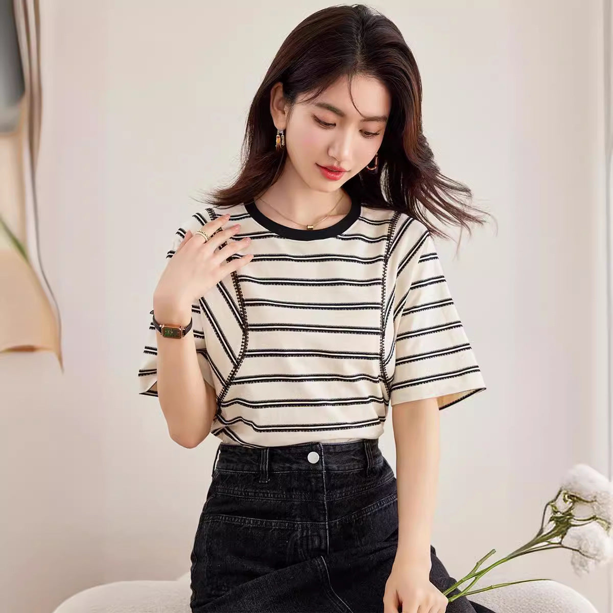【tops】ストライプ柄半袖TシャツG21954
