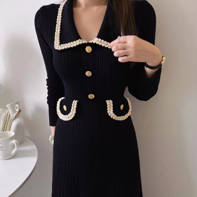 【dress】フランス風折り襟ニットワンピースG23086