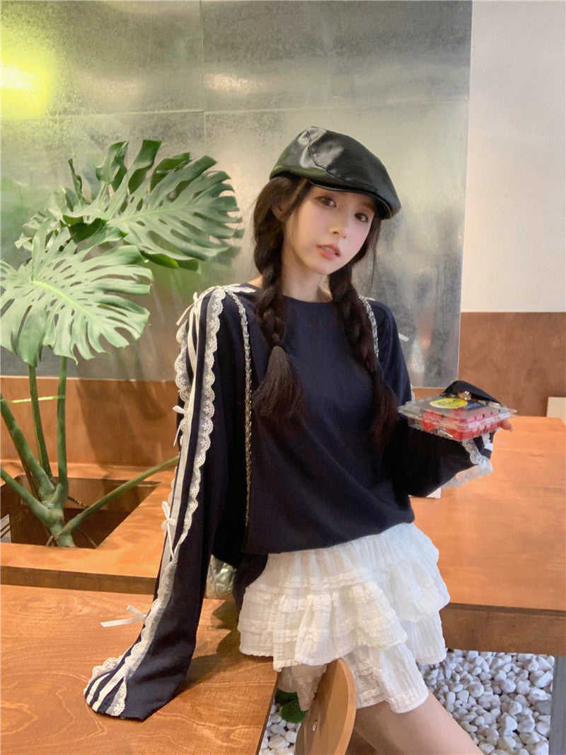 【tops】レースリボン長袖TシャツG23640