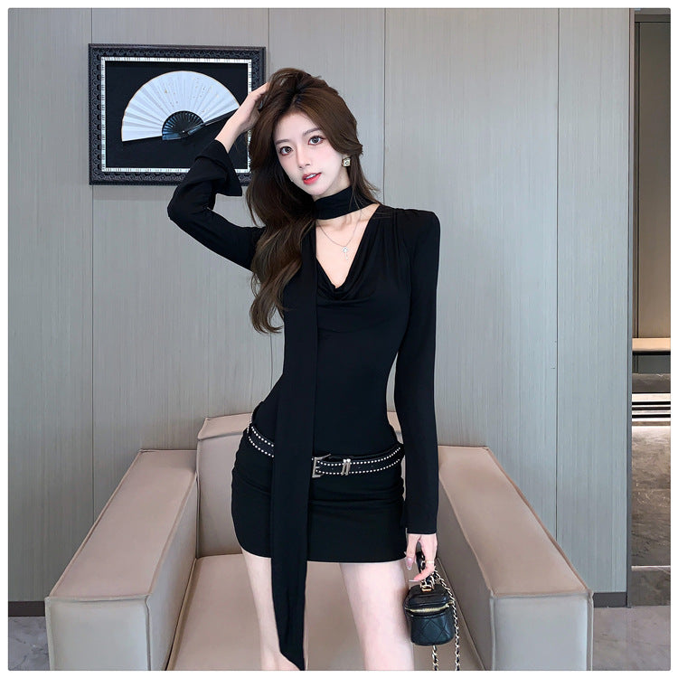 【dress】長袖体型カバーニットワンピースF8327