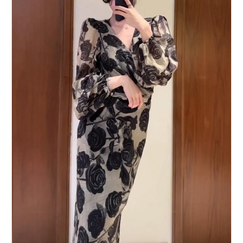 【dress】フランス風プリントVネックデートワンピースG23637