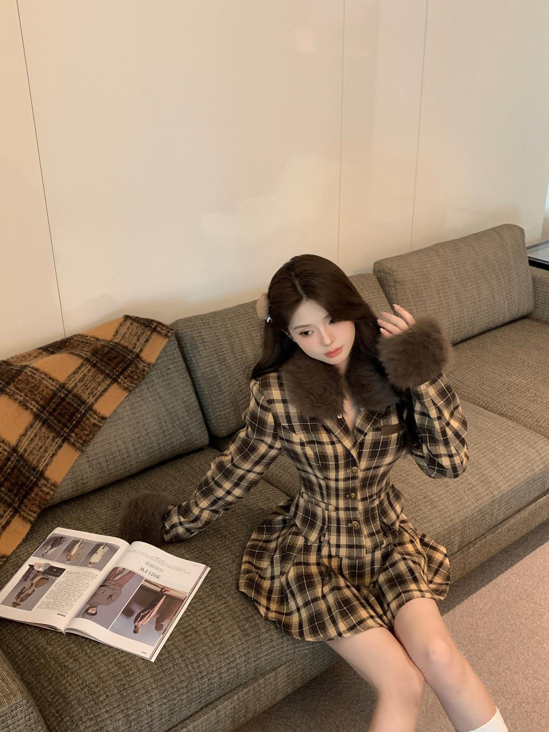 【set】ファーコート+キュロットスカート２点セットF8282