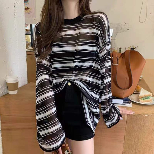 【tops】2色ストライプ柄長袖TシャツG22008