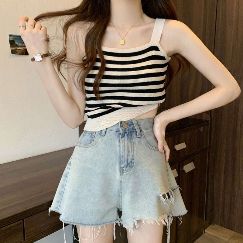 【tops】ボーダー柄ニットキャミソールF7587