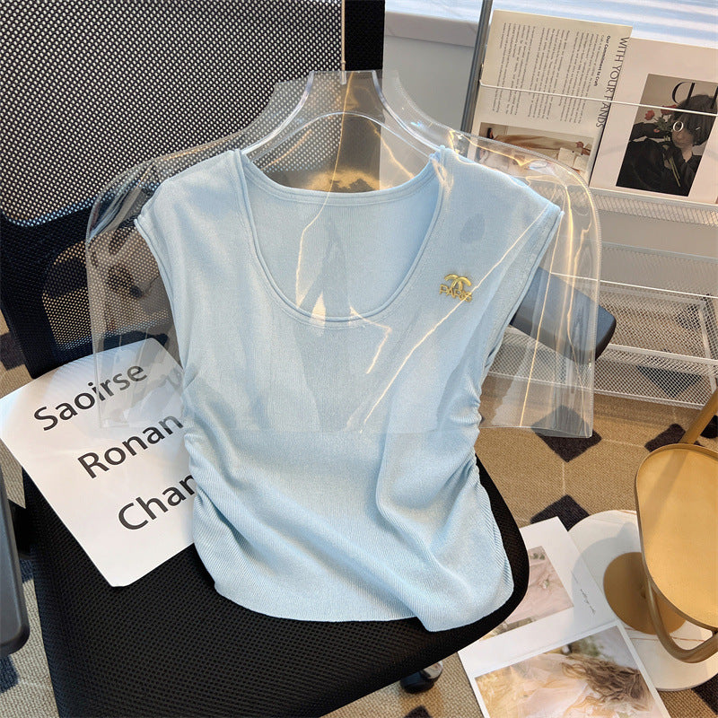 【tops】4色ノースリーブニットTシャツF7886