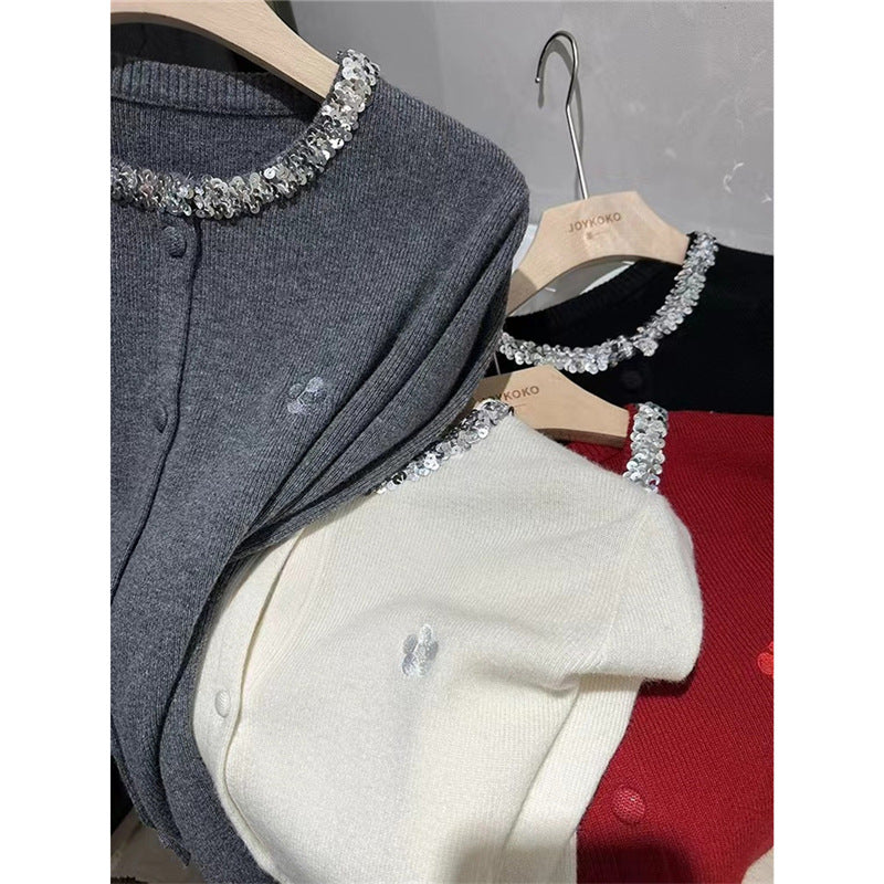 【outer】ラウンドネック長袖ニットカーディガンF8251