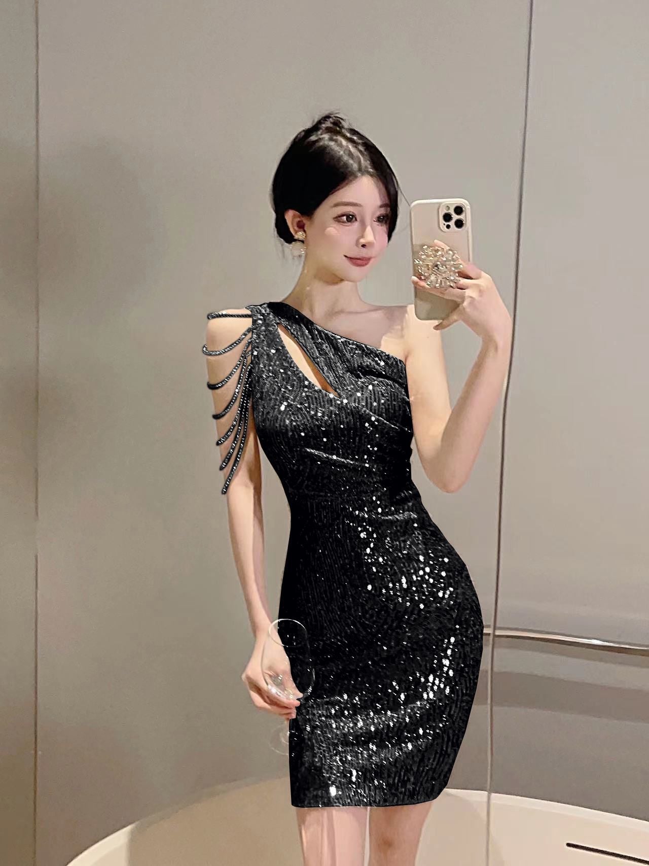 【dress】オブリークネックスパンコールデートワンピースG21701