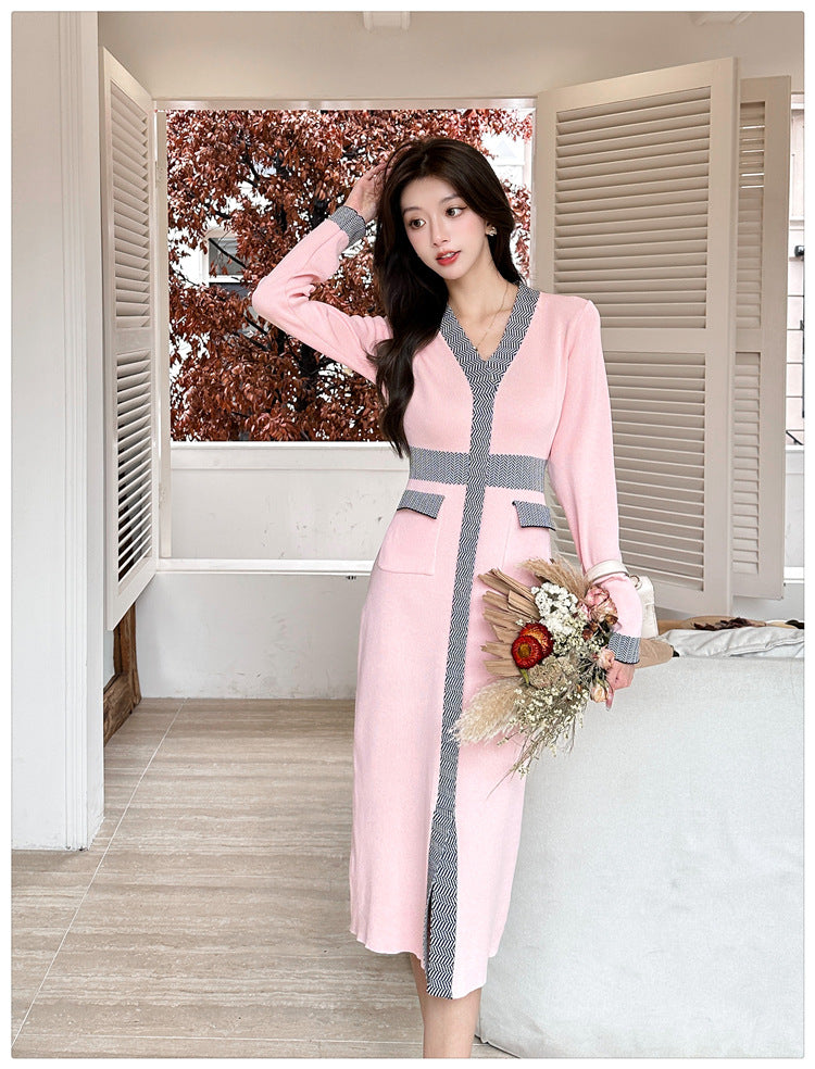 【dress】Vネック長袖ニットワンピースG23292