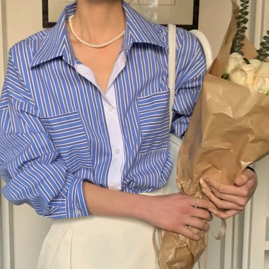 【tops】長袖ストライプ柄シャツG23078