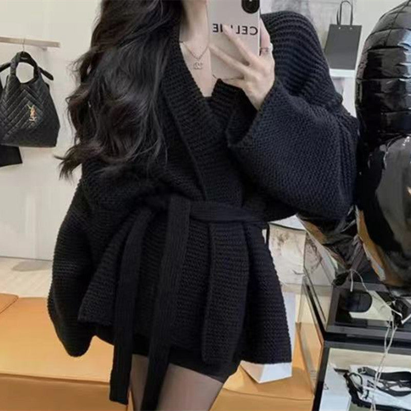 【outer】ウエストリボン長袖ニットカーディガンF8349