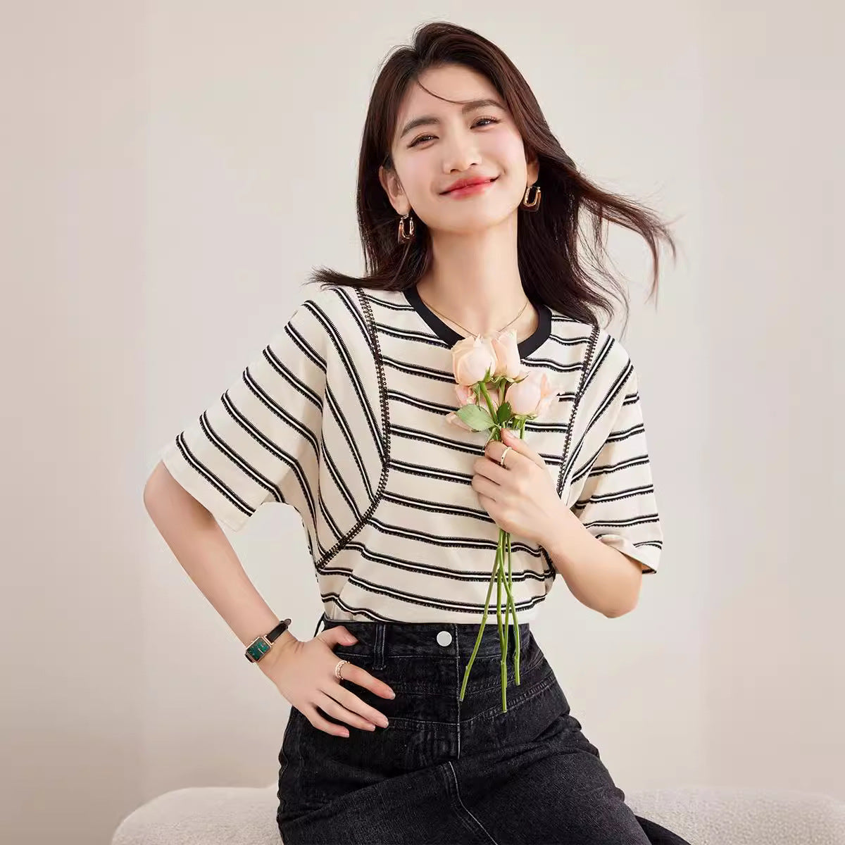 【tops】ストライプ柄半袖TシャツG21954