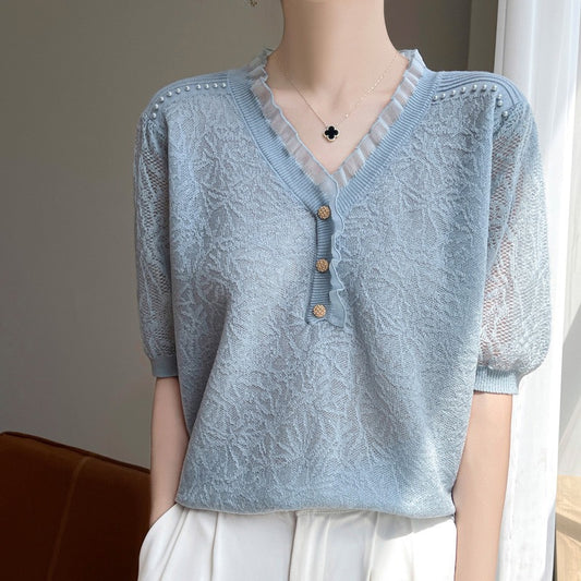 【tops】VネックニットTシャツG21941