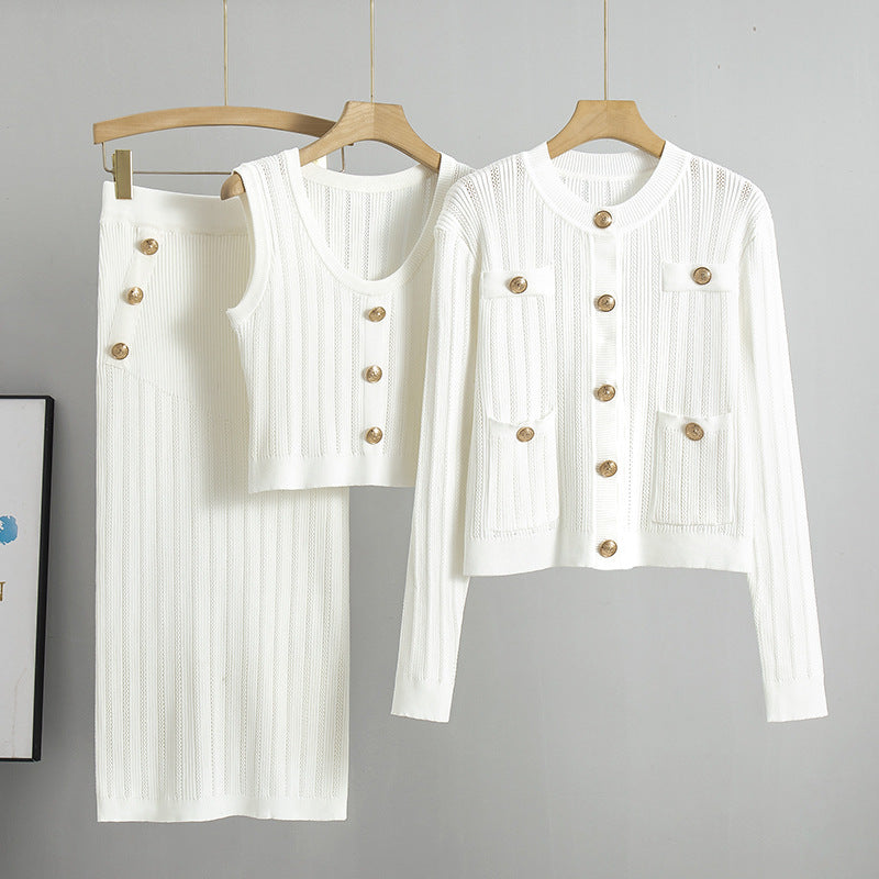 【set】長袖カーディガン＋タンクトップ+スカートニット3点セットF7951