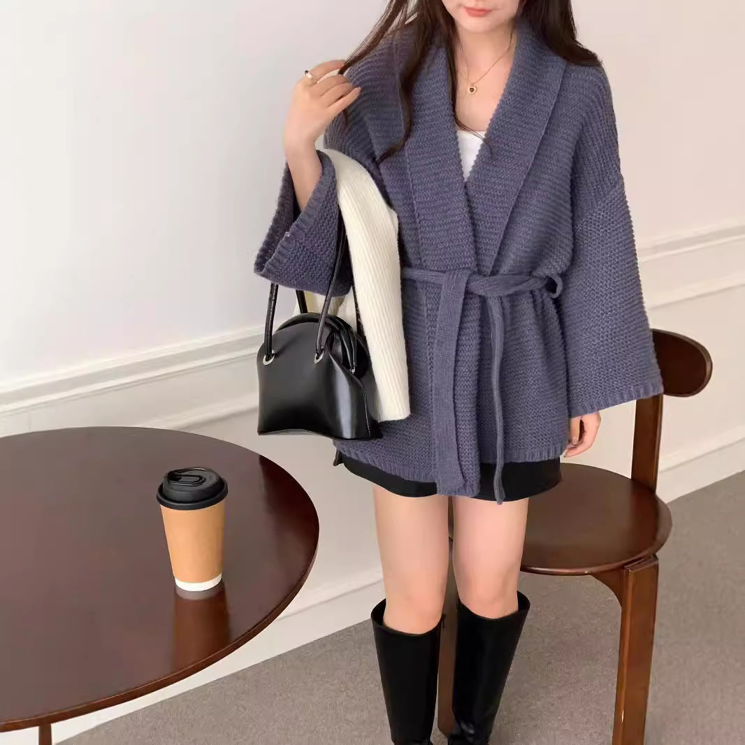 【outer】ウエストリボン長袖ニットカーディガンF8349