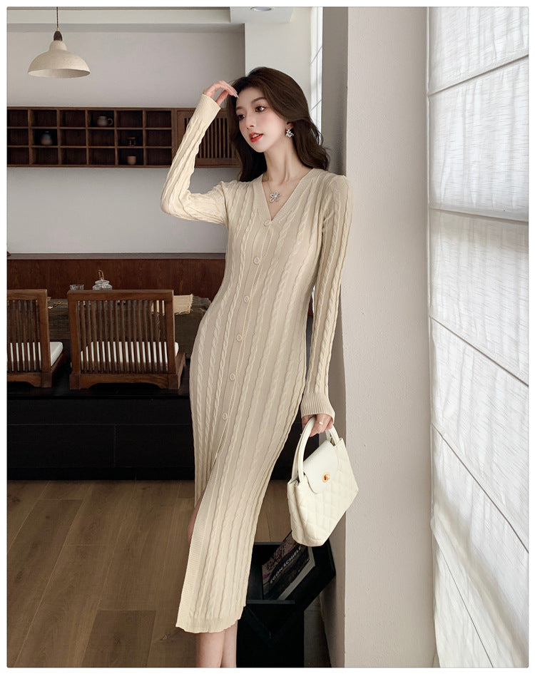 【dress】フランス風VネックニットワンピースG22956