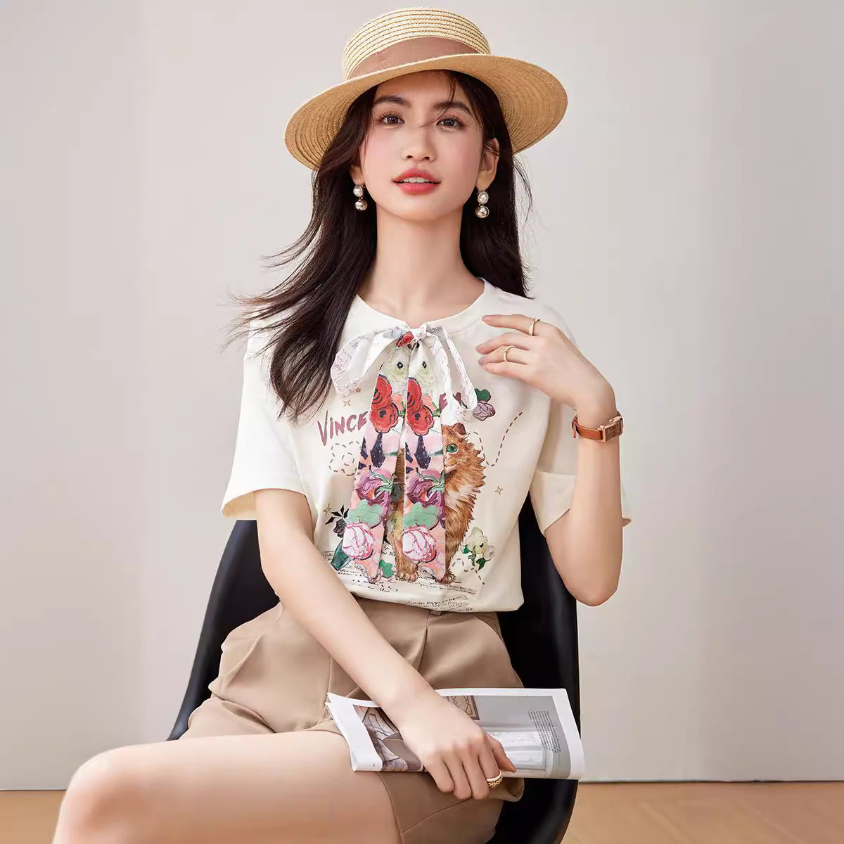 【tops】ラウンドネックプリントTシャツG21958