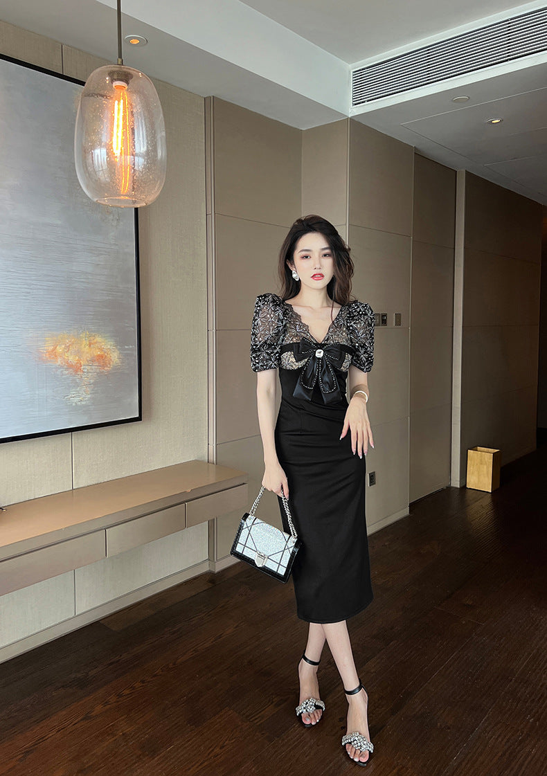 【dress】リボンレース切り替えタイトワンピースG21683