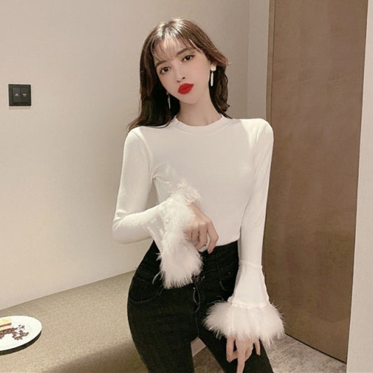 【tops】ファーフレアスリーブTシャツG23651