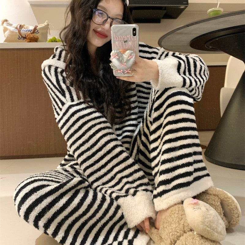 【ホーム・生活】秋冬厚手裏起毛ストライプ柄上下セットルームウェアパジャマG24581