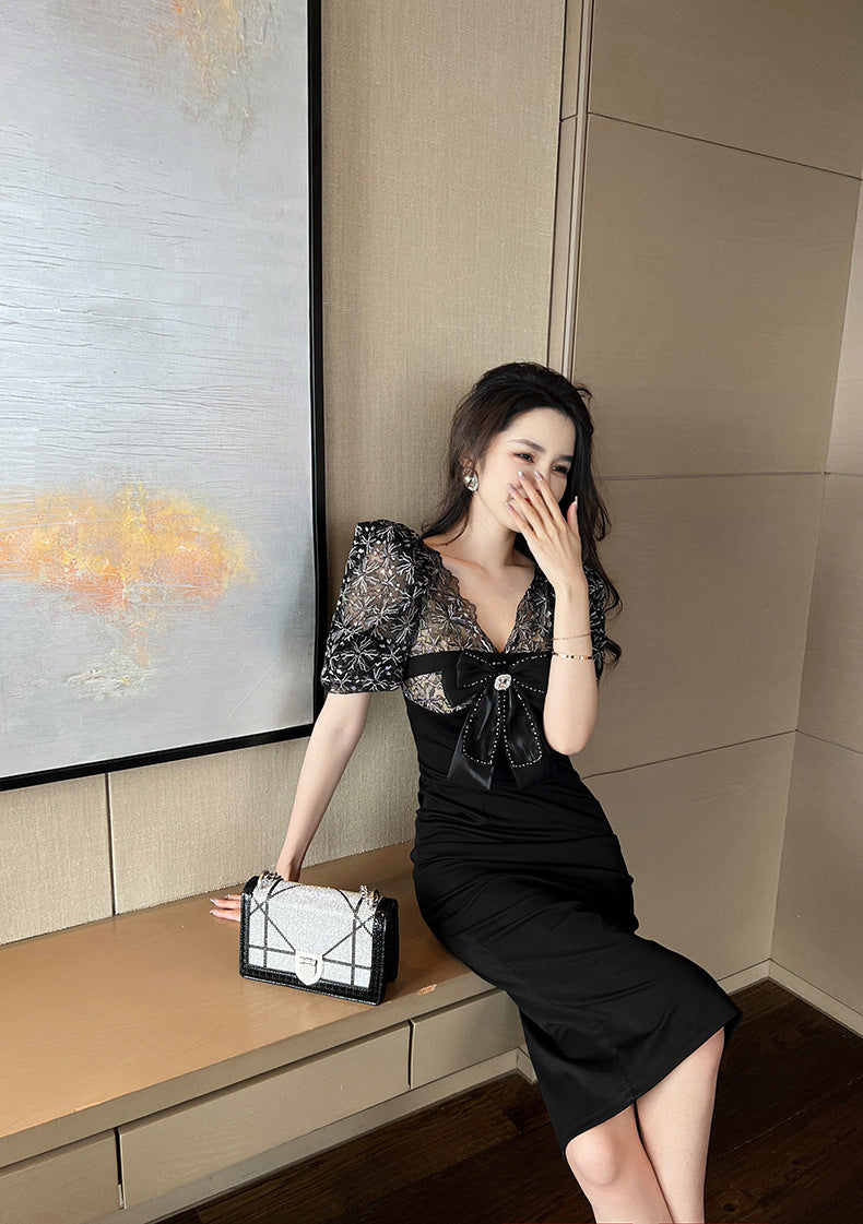 【dress】リボンレース切り替えタイトワンピースG21683