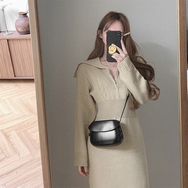 【dress】折り襟ニットワンピースG23165