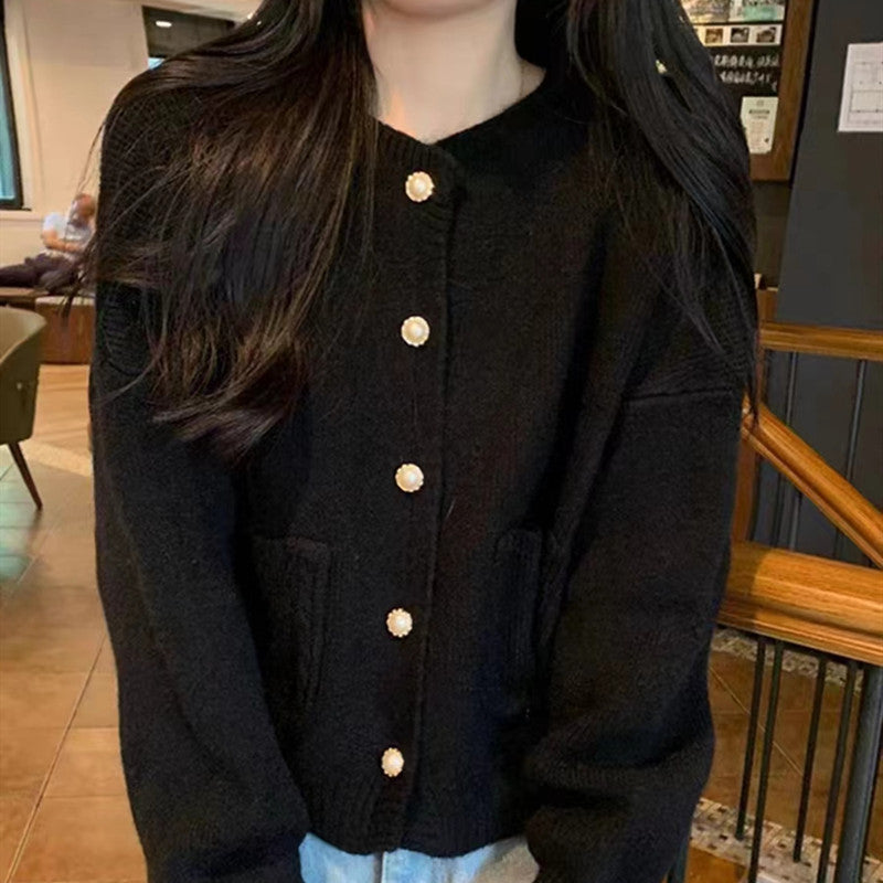 【outer】ラウンドネック長袖ニットカーディガンF8351