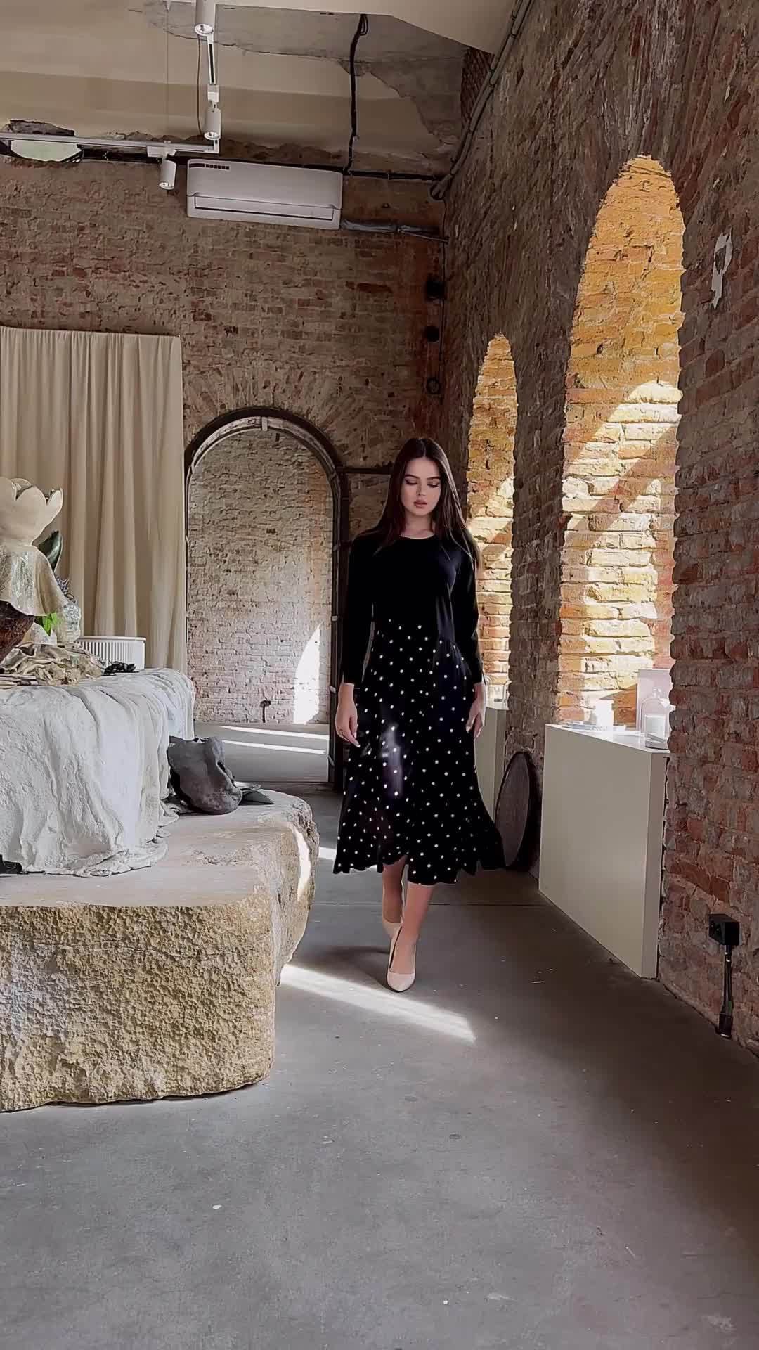 【dress】ラウンドネックドット柄切り替えワンピースF8120